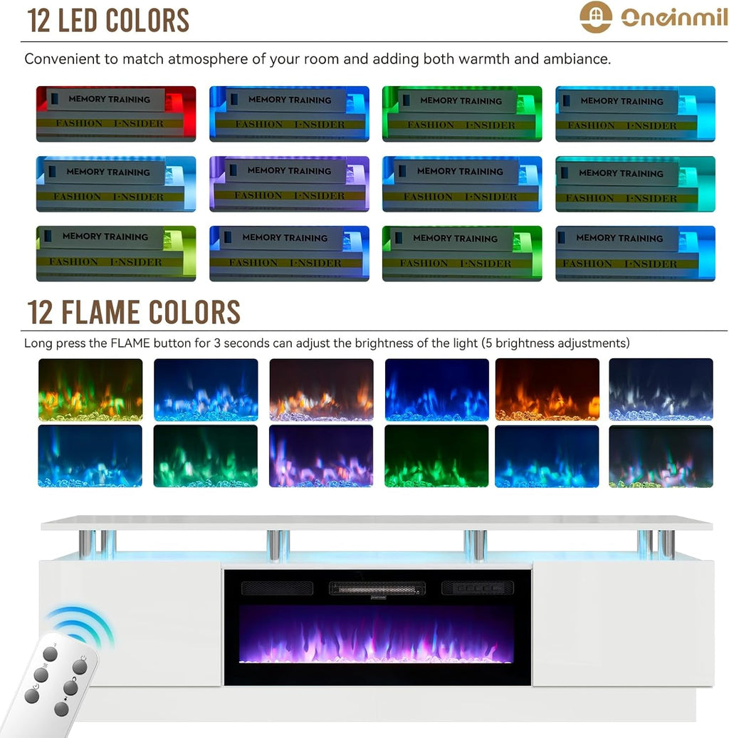 80 Inch White Electric Fireplace TV Stand With LED Lights