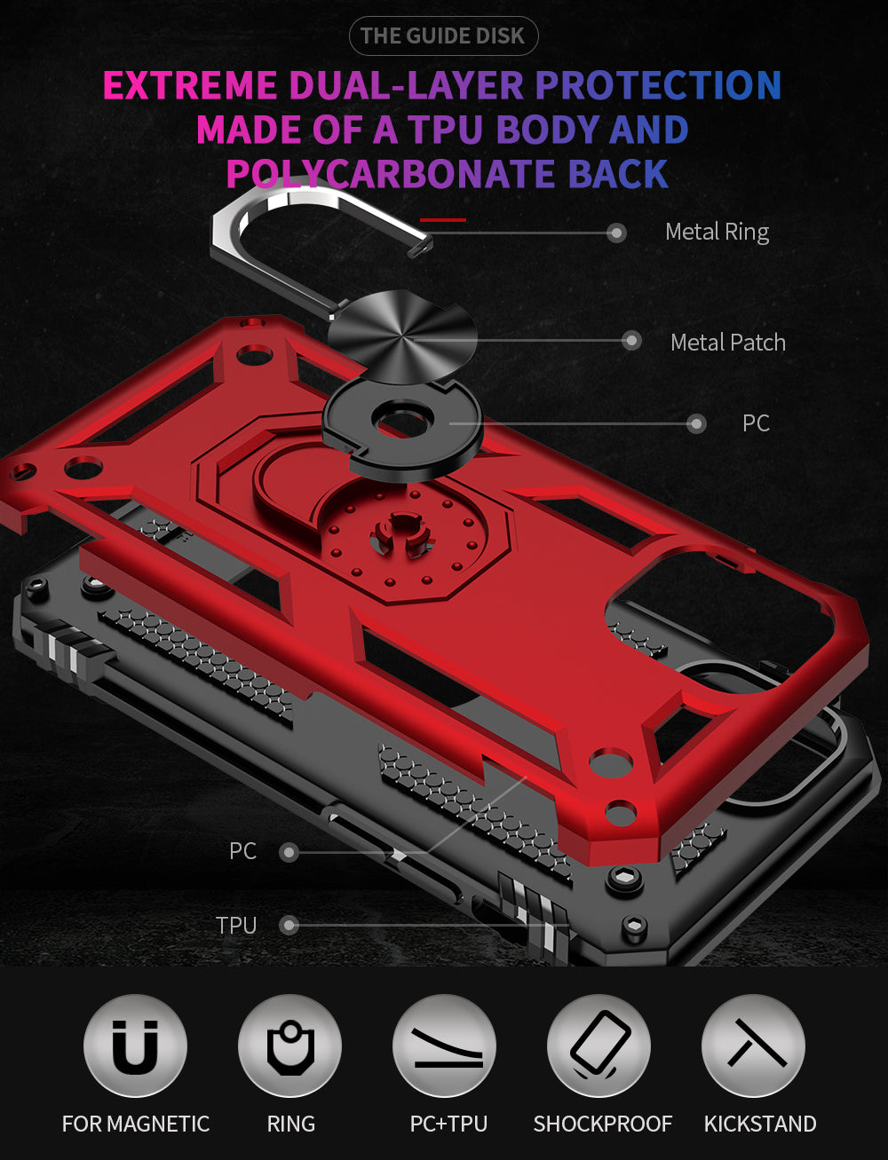 Tech Armor Ring Stand Grip Case with Metal Plate for iPhone 12 Mini
